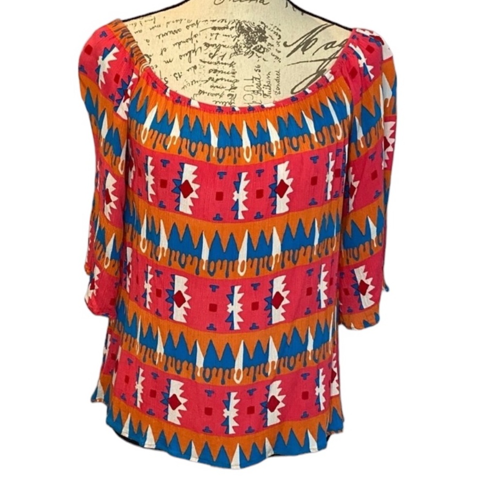 Izzy & Lola Aztec Geometric Bright Bold Blouse Neck Round Neck 3/4‎ Sleevea